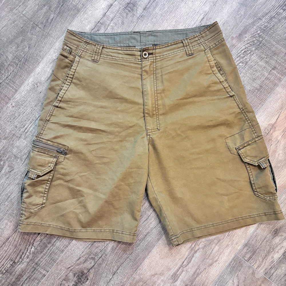 REI Men 34 Khaki Cargo Shorts Brown Outdoor Gorpcore Pocket Organic Cotton Blend